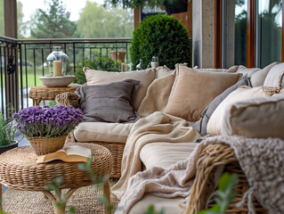 a cozy outdoor living room with a couch, a coffee table, and a few potted plants