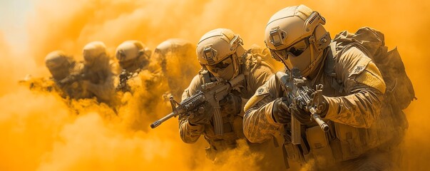 A team of fully equipped soldiers, looking at the camera, surrounded by dust and smog, immersive military scene, highdefinition details