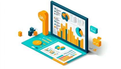 Poster - Business presentation data report illustration, isometric view, isolated on white background, modern design, vibrant colors, clean lines, professional layout