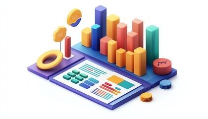Poster - Dynamic isometric view of a business presentation, data report illustration, isolated on white background, bright colors, clear and informative
