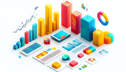 Poster - Dynamic isometric view of a business presentation, data report illustration, isolated on white background, bright colors, clear and informative