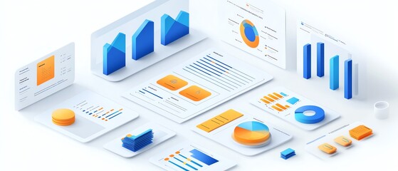 Poster - Isometric data report illustration for business presentation, includes diverse graphs and charts, isolated on white background, professional aesthetic