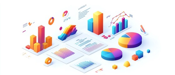 Poster - Isometric data report illustration for business presentation, includes diverse graphs and charts, isolated on white background, professional aesthetic