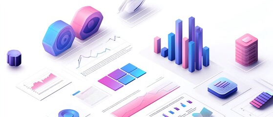 Poster - Isometric data report illustration for business presentation, includes diverse graphs and charts, isolated on white background, professional aesthetic
