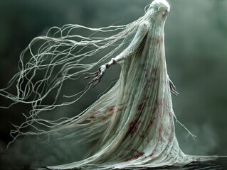 Wall Mural - A creepy monster with long white hair and red hands is walking through a foggy, dark forest