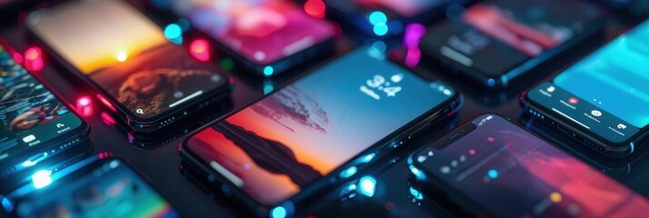 Fototapete - Multiple smartphones showcase captivating stories and short videos amidst a colorful lighting display, creating an engaging atmosphere. Generative AI
