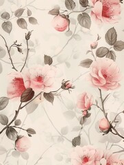 Poster - Floral patterns blend beautifully in pastel shades, showcasing roses and foliage intertwined in a graceful design. Generative AI