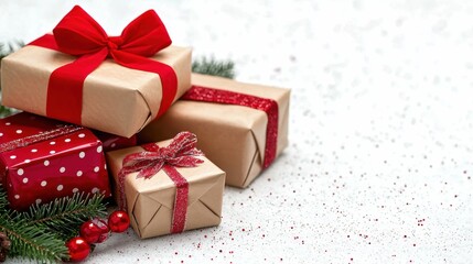 Festive gift boxes with red ribbons on a white surface