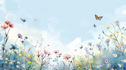 Poster - Colorful wildflowers bloom in a sunny meadow while butterflies flutter through the air, creating a lively and cheerful atmosphere. Generative AI