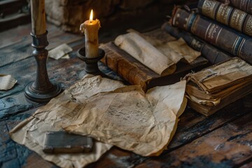 Poster - A collection of aged books and scrolls rests on a rustic table, softly illuminated by a flickering candle, revealing their historical significance. Generative AI