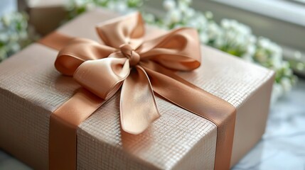 A gift box with a ribbon placed on the table, offering a festive and elegant presentation.