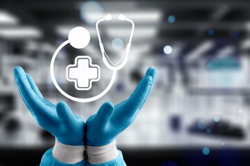 Poster - Medical worker with plus icon healthcare medical concept