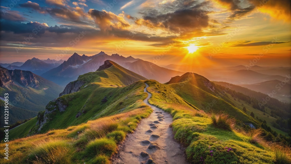 Majestic mountain landscape with a winding trail, warm sunset light ...