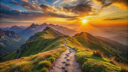 majestic mountain landscape with a winding trail, warm sunset light, and a pair of glowing footprint