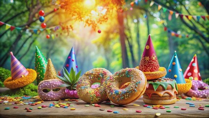 Vibrant colored confetti and festive donuts adorn a decorative forest backdrop, complete with a Rosenmontag party hat and playful mask, evoking Carnival celebration joy.