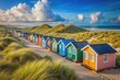© Sandra - Colorful wooden beach houses lined up along the serene coastline of Texel, Netherlands, with dune landscape and misty sky in the background.