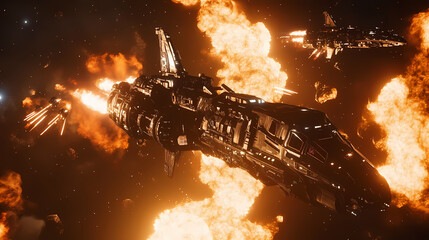 Wall Mural - Epic space battle scene, futuristic spaceship in fiery combat. interstellar warfare and action scenes. ai generated illustration. Starfighter Battle. Illustration