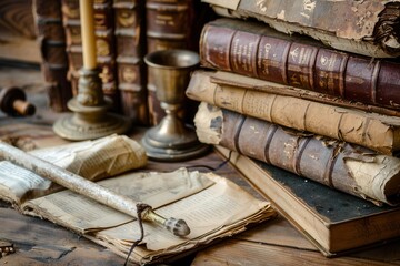 Poster - A collection of ancient books, scrolls, and historical artifacts rests on a wooden table, revealing a glimpse into the past and knowledge. Generative AI