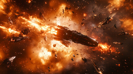 Wall Mural - Epic space battle scene, futuristic spaceship in fiery combat. interstellar warfare and action scenes. ai generated illustration. Starfighter Battle. Illustration