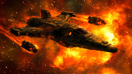 Wall Mural - Epic space battle scene, futuristic spaceship in fiery combat. interstellar warfare and action scenes. ai generated illustration. Starfighter Battle. Illustration