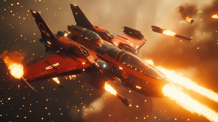 Wall Mural - Epic space battle scene, futuristic spaceship in fiery combat. interstellar warfare and action scenes. ai generated illustration. Starfighter Battle. Illustration