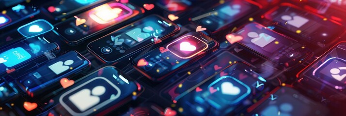 Aufkleber - Multiple smartphones are illuminated, showcasing overlaid icons for likes and comments, creating a lively digital atmosphere. Generative AI
