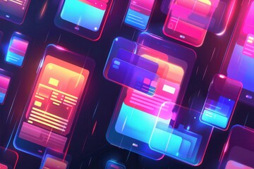 Fototapete - A vibrant array of smartphone screens showcases various engaging short videos and stories, highlighting creative digital content. Generative AI