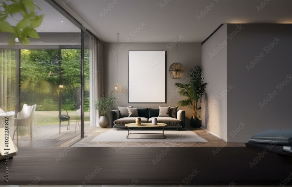 A modern living room with a sofa, coffee table, and large windows ...