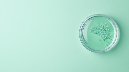 Petri dish with microorganisms on a light green background, symbolizing laboratory research and microbiology.