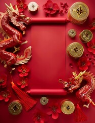 Wall Mural - Traditional Chinese New Year banner adorned with festive decorations and vibrant colors viewed from above. Generative AI