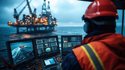 worker in orange safety jacket and helmet monitors multiple screens in offshore oil rig control room, with oil platform visible in background. scene conveys sense of focus and responsibility