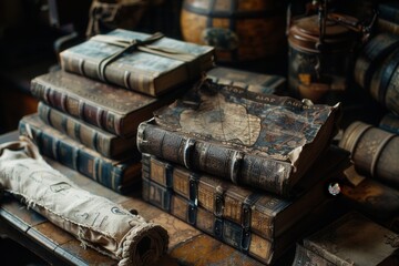Poster - A collection of ancient books and scrolls rests on a wooden table, presenting unique designs and historical significance. Generative AI