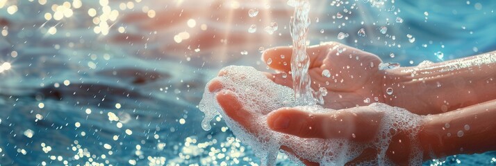 Poster - Streaming water flows over hands being washed, creating soap bubbles while sunlight reflects off the liquid, enhancing the cleansing activity. Generative AI