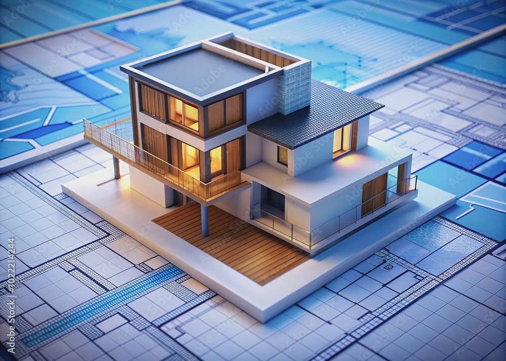 Architectural model of a modern house sits on a detailed blueprint ...