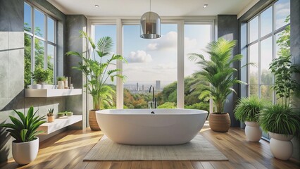 Interior home design of modern bathroom with white elliptical bathtub and houseplants by a large window