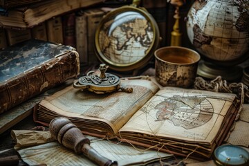 Poster - A collection of ancient books, maps, and artifacts creates a rich tapestry of history in a dimly lit study, inviting exploration and discovery. Generative AI