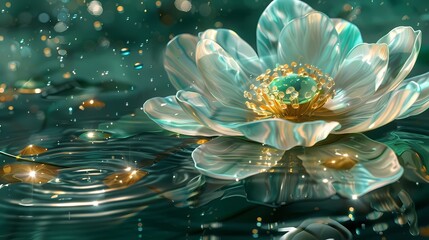 Green gold water and flower poster background