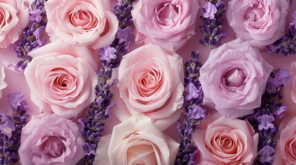 Poster - A beautiful arrangement features soft pink roses intertwined with fragrant lavender, creating a soothing and harmonious floral display. Generative AI