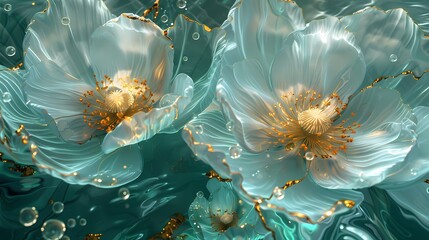 Green gold water and flower poster background