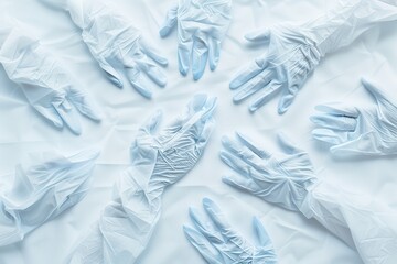 Poster - Sterile medical gloves arranged on a white background, showcasing healthcare professionals preparing for a safe procedure. Generative AI
