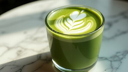 A cup of matcha latte with intricate latte art on top