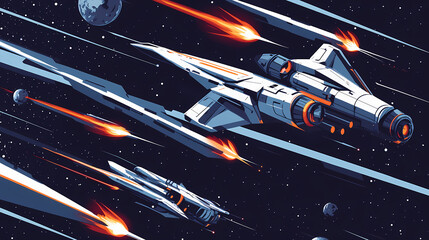 spaceships in a dogfight, interstellar conflict, flat design illustration. starfighter battle. illus