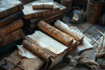 Poster - Well-worn ancient books and scrolls lie on a rustic wooden table, showcasing a glimpse into historic scholarly texts and artifacts. Generative AI