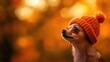 © Vodkaz - Halloween Background, Cute dog wearing an orange knitted hat in autumn foliage.