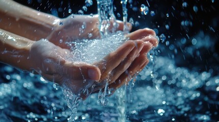 Poster - Water flows over hands, highlighting the significance of cleanliness and proper handwashing techniques for health. Generative AI
