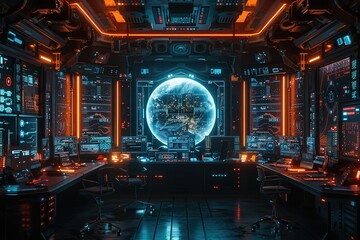 Wall Mural - high-tech ai-driven virtual workspace professionals holographic interfaces blue space free v text