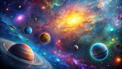 Wall Mural - cosmic symphony of stars and planets, a celestial tapestry of vibrant hues and dusty nebulas
