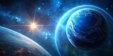 Wall Mural - a celestial spectacle unfolds in a vibrant expanse, with a radiant star illuminating a distant blue 