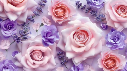 Aufkleber - A harmonious blend of soft pink roses and lavender flowers fills the composition, showcasing nature's beauty and calmness. Generative AI