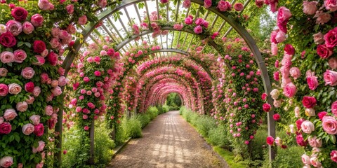 A path lined with verdant foliage, stretching towards a captivating rose archway, a breathtaking display of nature's vibrant beauty